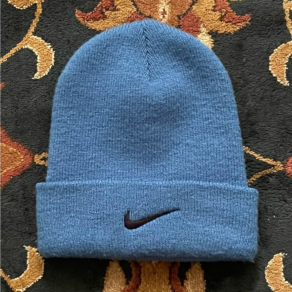 🔵VINTAGE 90s NIKE SMALL EMBROIDERED BLACK SWOOSH BLUE CUFFED BEANIE TOQUE HAT🔵